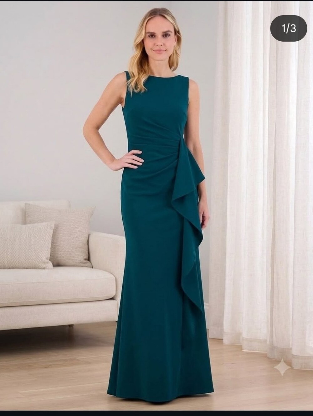 Eliza J NWT Teal Satin Cowl Neck Ruched Draped Ruffle Maxi Gown $188 FLAW